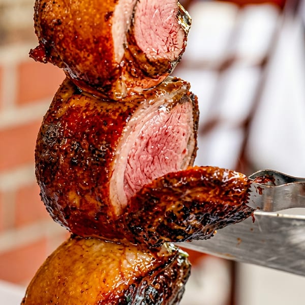 A server slices a piece of perfectly cooked picanha, revealing its juicy, pink interior.